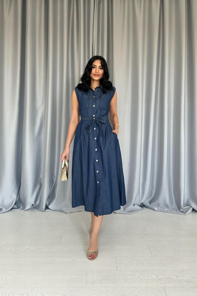 Mavi Tencel Çıtçıtlı Elbise