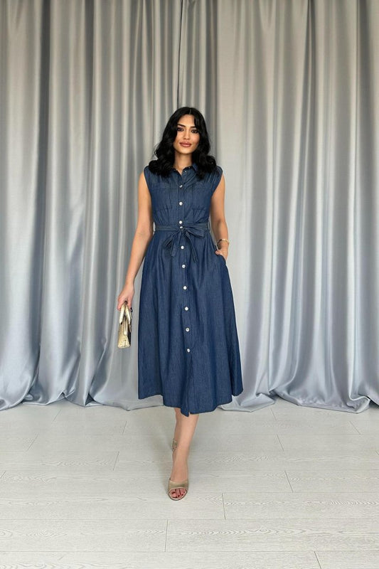 Mavi Tencel Çıtçıtlı Elbise