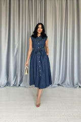 Mavi Tencel Çıtçıtlı Elbise