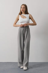 Pileli Bağcıklı Oversize Pantolon - Gri
